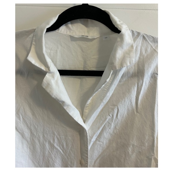 UNIGLO Linen Blend Open Collar Short Sleeve Shirt in Off White Lightweight Airy - Picture 11 of 15